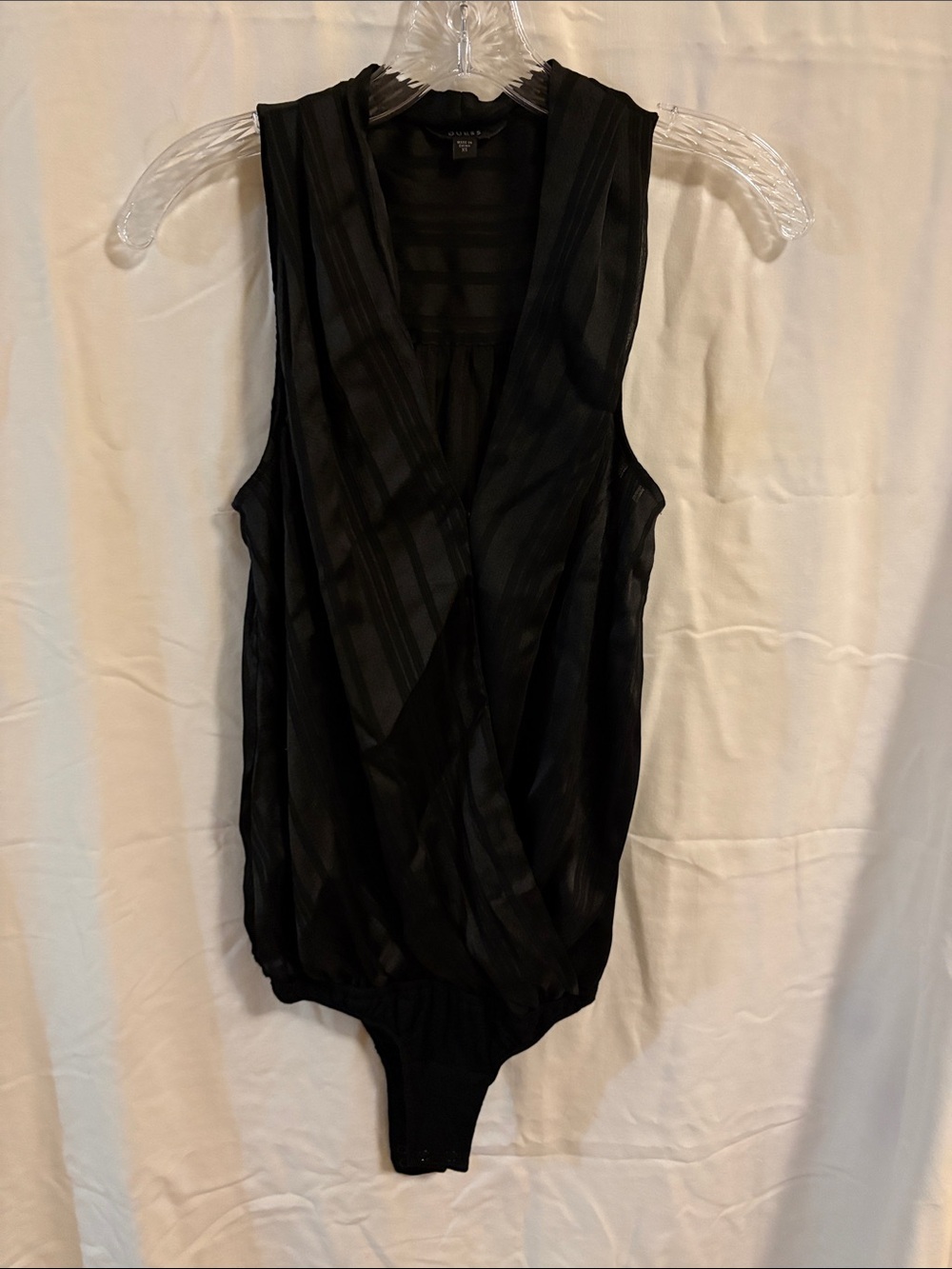 GUESS Women’s Sheer Black Striped Sleeveless Wrap One Piece Bodysuit